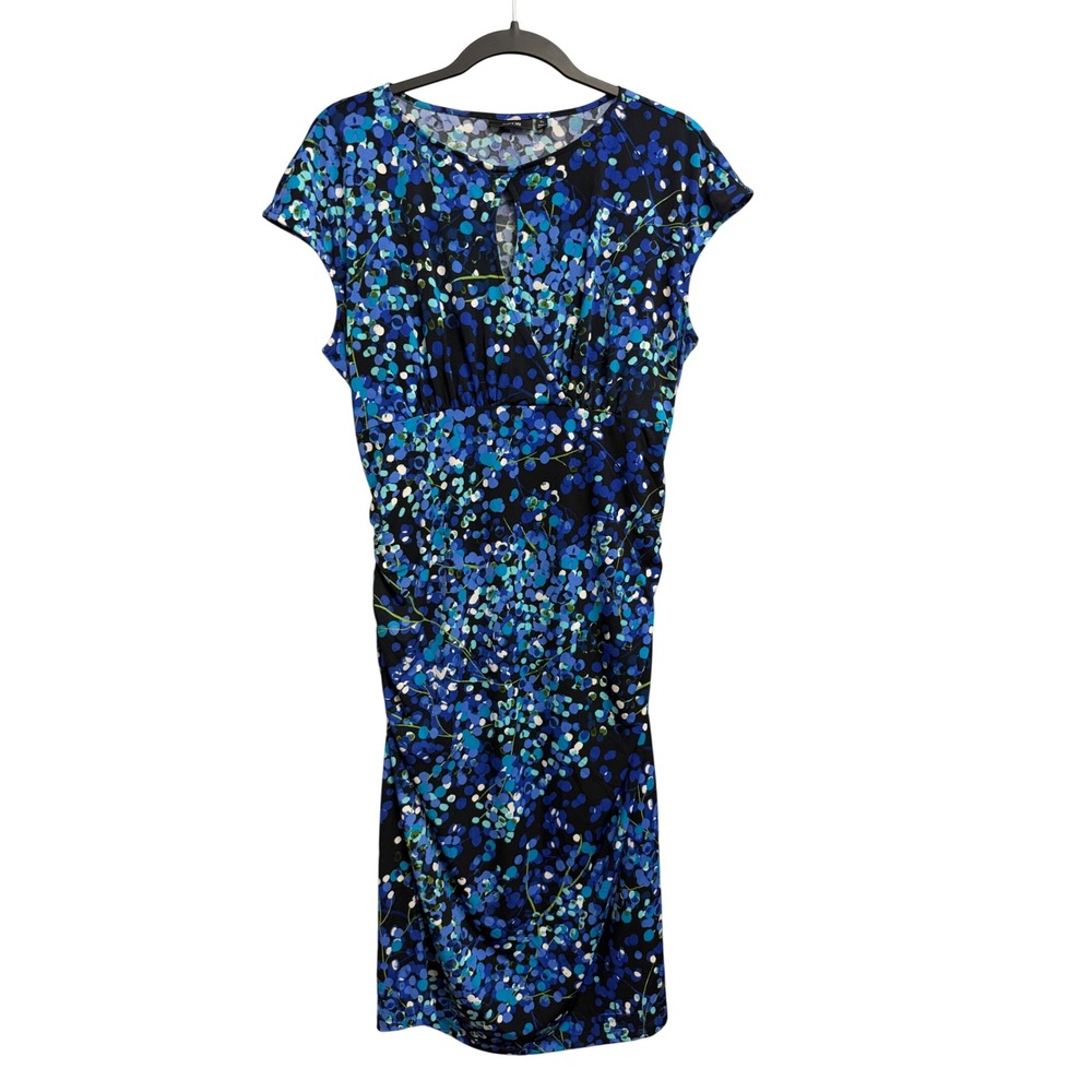 Apt. 9 Womens XL Blue Black Floral Dot Ruched Sheath Dress Cap Sleeve Keyhole